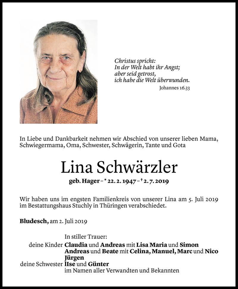  Todesanzeige für Lina Schwärzler vom 06.07.2019 aus Vorarlberger Nachrichten