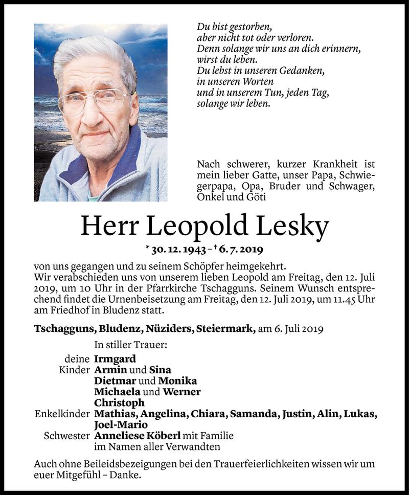  Todesanzeige für Leopold Lesky vom 08.07.2019 aus Vorarlberger Nachrichten