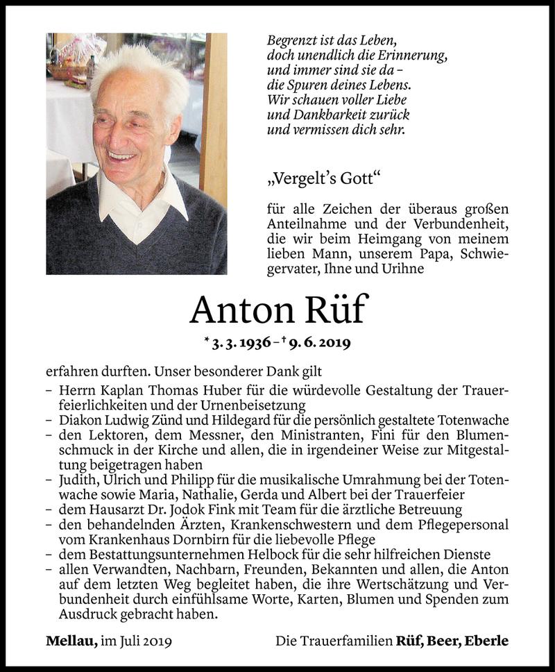  Todesanzeige für Anton Rüf vom 09.07.2019 aus Vorarlberger Nachrichten