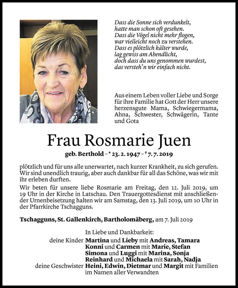  Todesanzeige für Rosmarie Juen vom 09.07.2019 aus Vorarlberger Nachrichten