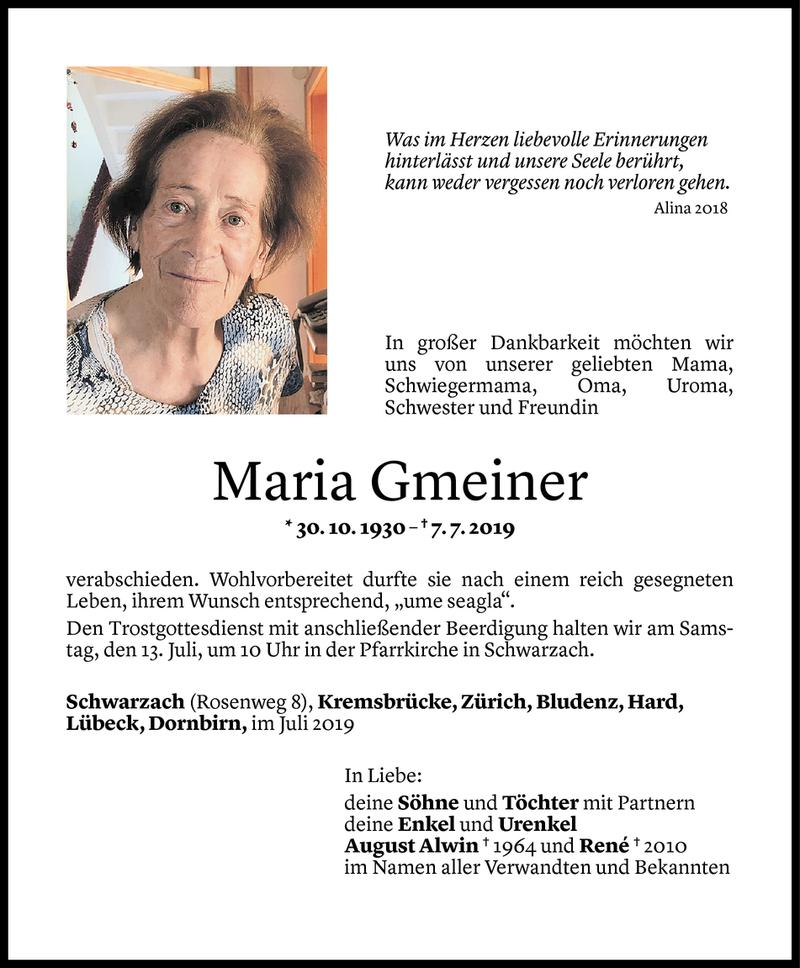  Todesanzeige für Maria Gmeiner vom 10.07.2019 aus Vorarlberger Nachrichten