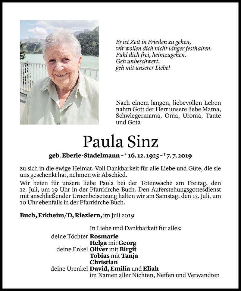  Todesanzeige für Paula Sinz vom 10.07.2019 aus Vorarlberger Nachrichten