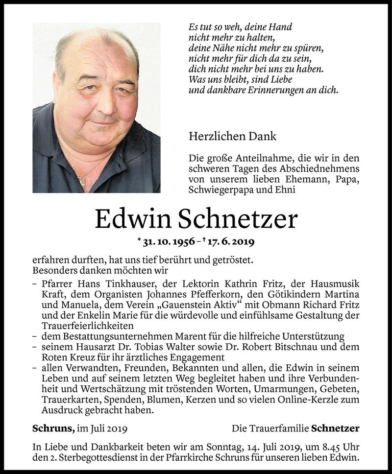  Todesanzeige für Edwin Schnetzer vom 11.07.2019 aus Vorarlberger Nachrichten