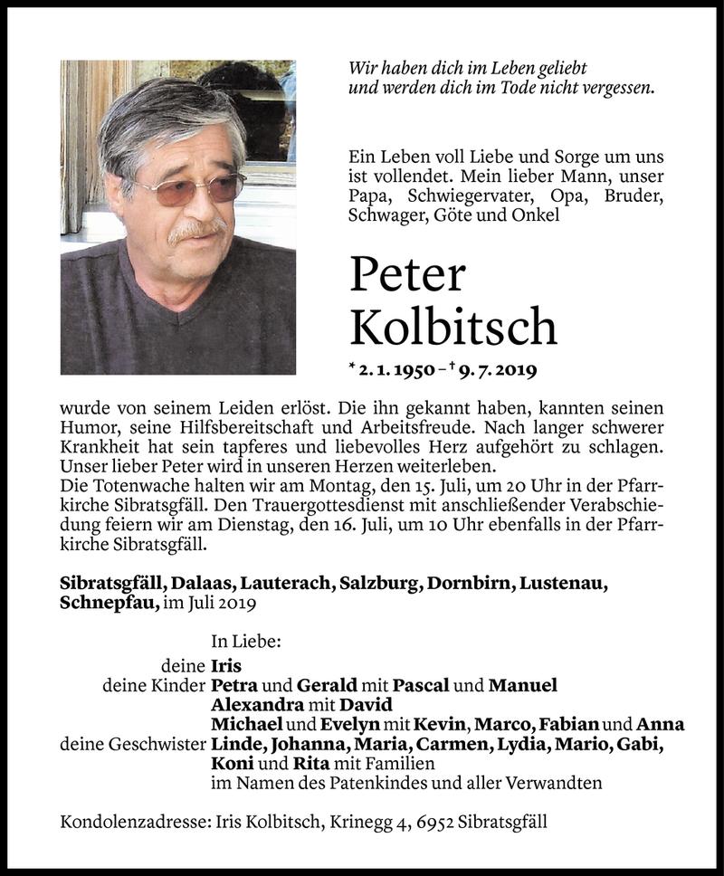  Todesanzeige für Peter Kolbitsch vom 12.07.2019 aus Vorarlberger Nachrichten