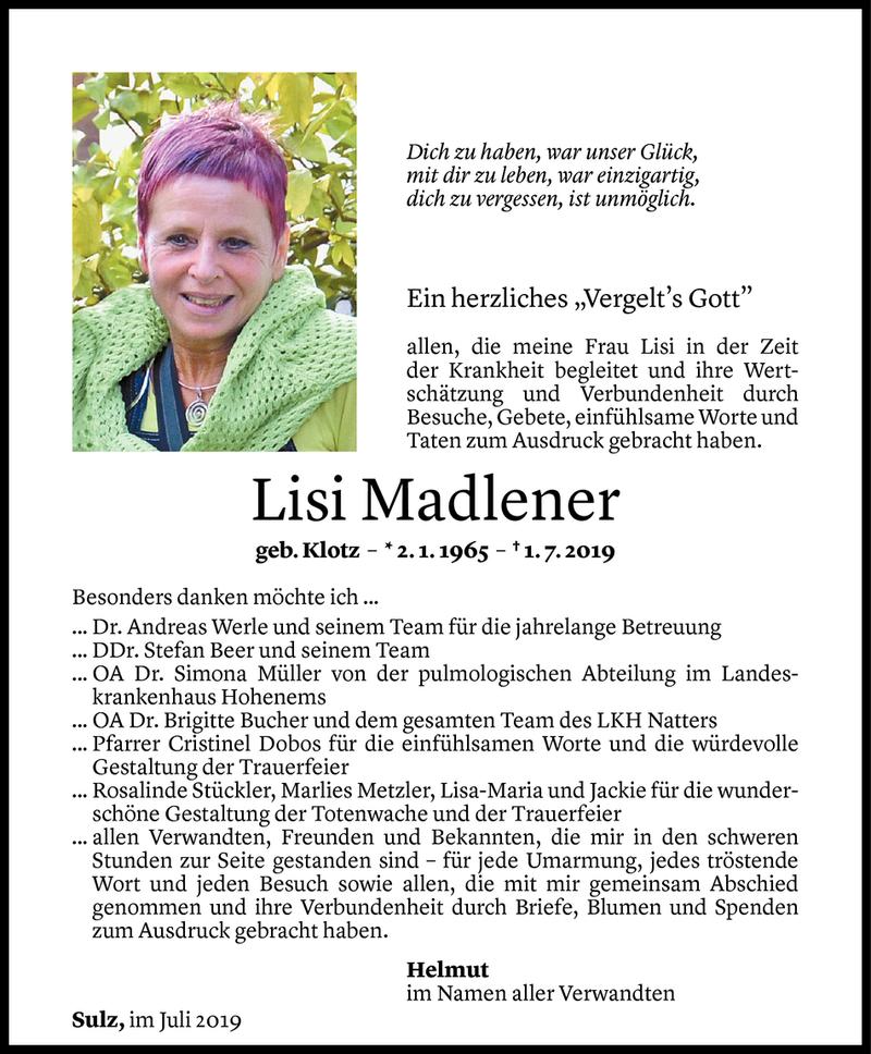  Todesanzeige für Elisabeth Madlener vom 20.07.2019 aus Vorarlberger Nachrichten