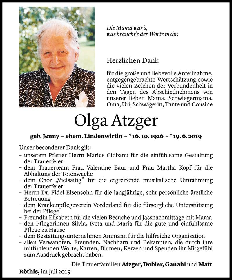  Todesanzeige für Olga Atzger vom 19.07.2019 aus Vorarlberger Nachrichten