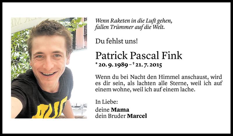  Todesanzeige für Patrick Pascal Fink vom 20.07.2019 aus Vorarlberger Nachrichten