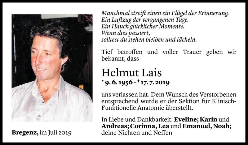  Todesanzeige für Helmut Lais vom 19.07.2019 aus Vorarlberger Nachrichten