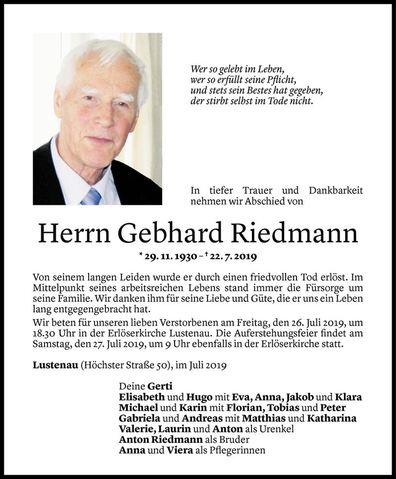  Todesanzeige für Gebhard Riedmann vom 23.07.2019 aus Vorarlberger Nachrichten