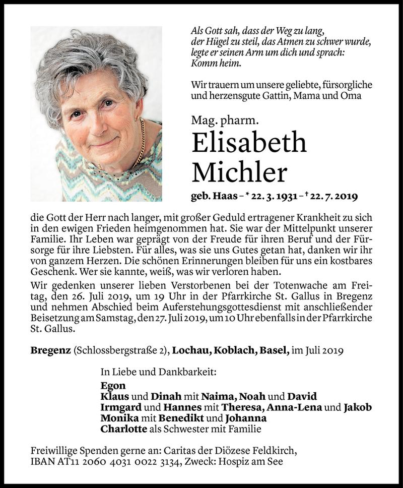  Todesanzeige für Elisabeth Michler vom 23.07.2019 aus Vorarlberger Nachrichten