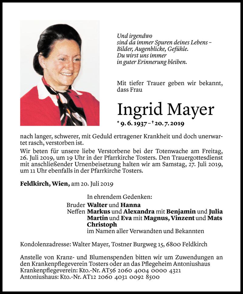  Todesanzeige für Ingrid Mayer vom 23.07.2019 aus Vorarlberger Nachrichten