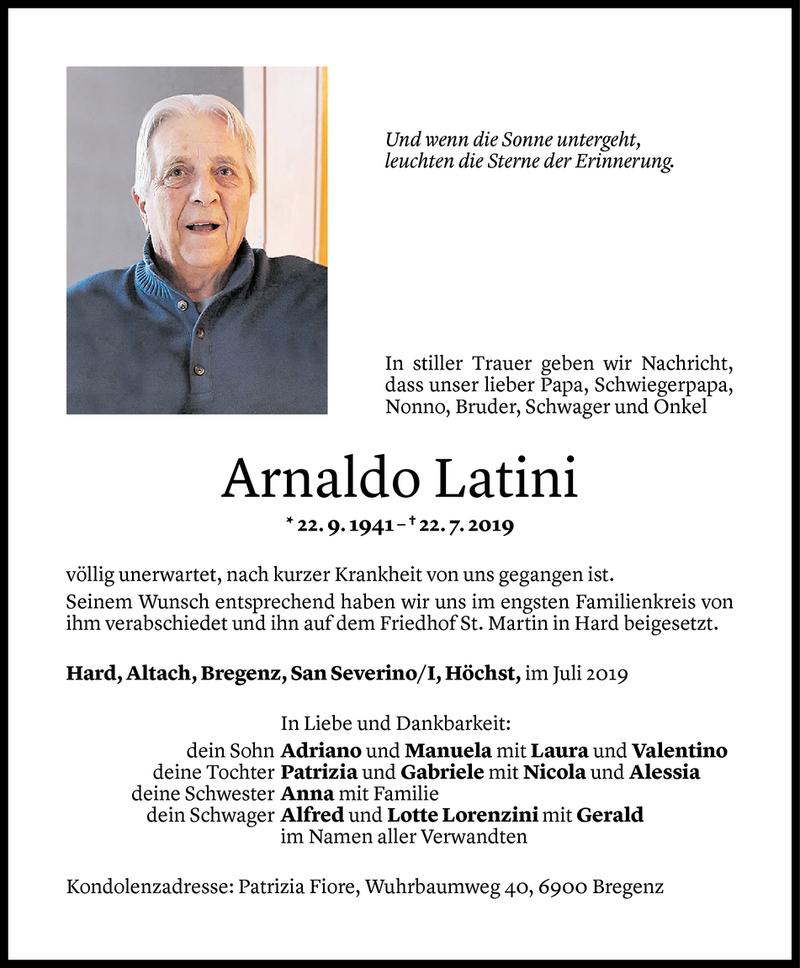  Todesanzeige für Arnaldo Latini vom 27.07.2019 aus Vorarlberger Nachrichten