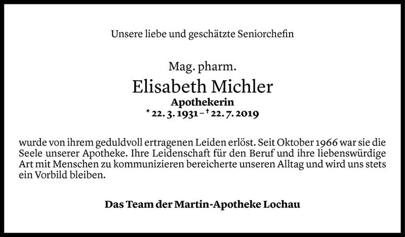  Todesanzeige für Elisabeth Michler vom 24.07.2019 aus Vorarlberger Nachrichten