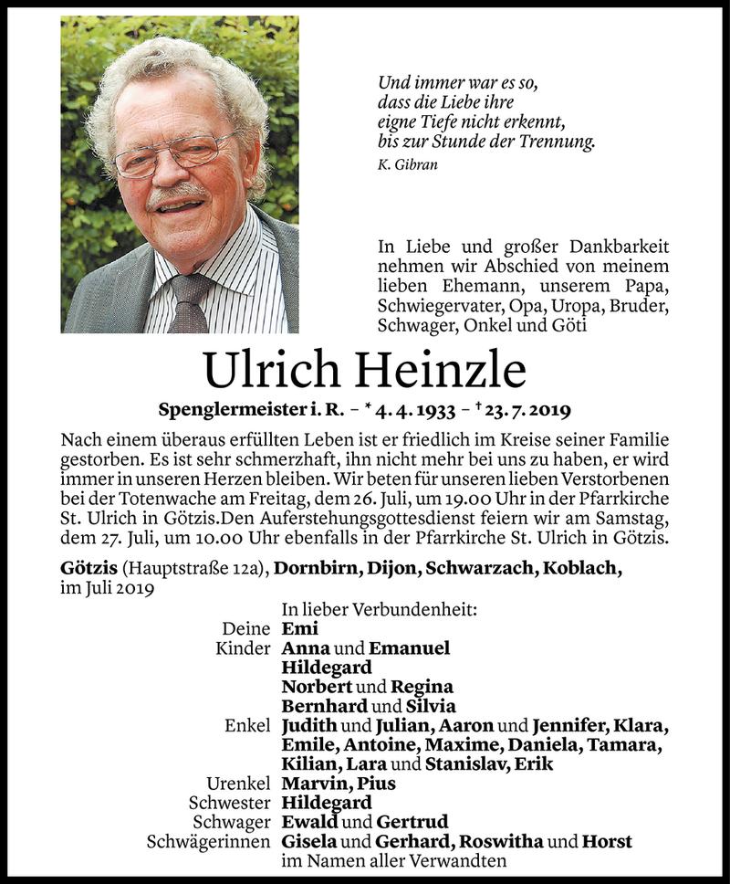 Todesanzeigen von Ulrich Heinzle | Todesanzeigen Vorarlberger Nachrichten