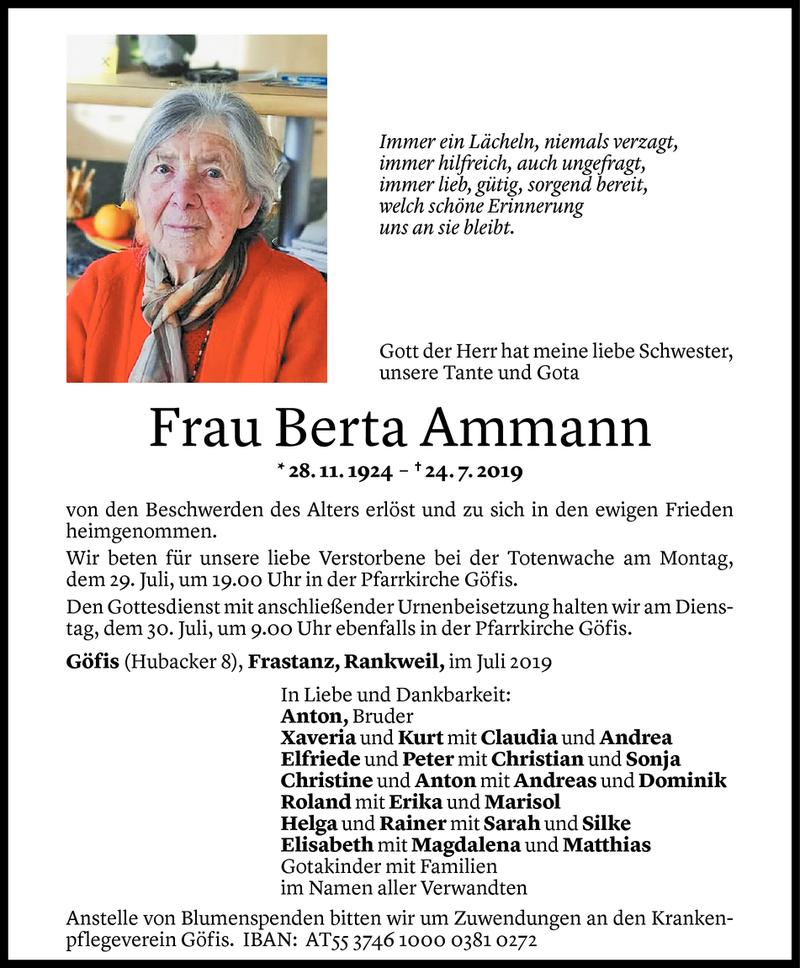  Todesanzeige für Berta Ammann vom 26.07.2019 aus Vorarlberger Nachrichten