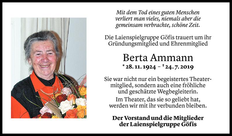  Todesanzeige für Berta Ammann vom 26.07.2019 aus Vorarlberger Nachrichten