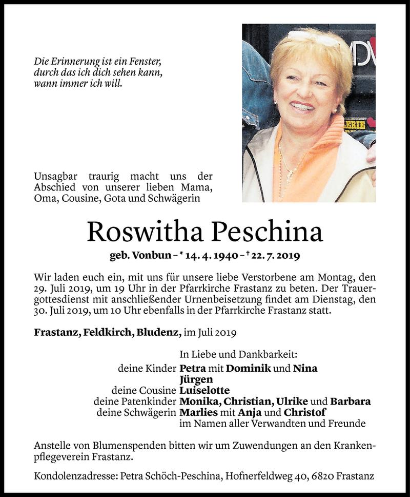  Todesanzeige für Roswitha Peschina vom 26.07.2019 aus Vorarlberger Nachrichten