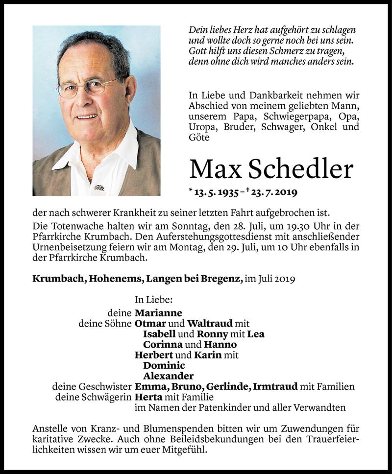 Todesanzeige für Max Schedler vom 26.07.2019 aus Vorarlberger Nachrichten