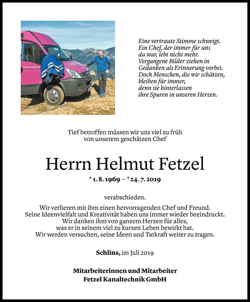  Todesanzeige für Helmut Fetzel vom 27.07.2019 aus Vorarlberger Nachrichten