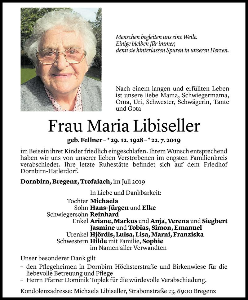  Todesanzeige für Maria Libiseller vom 31.07.2019 aus Vorarlberger Nachrichten