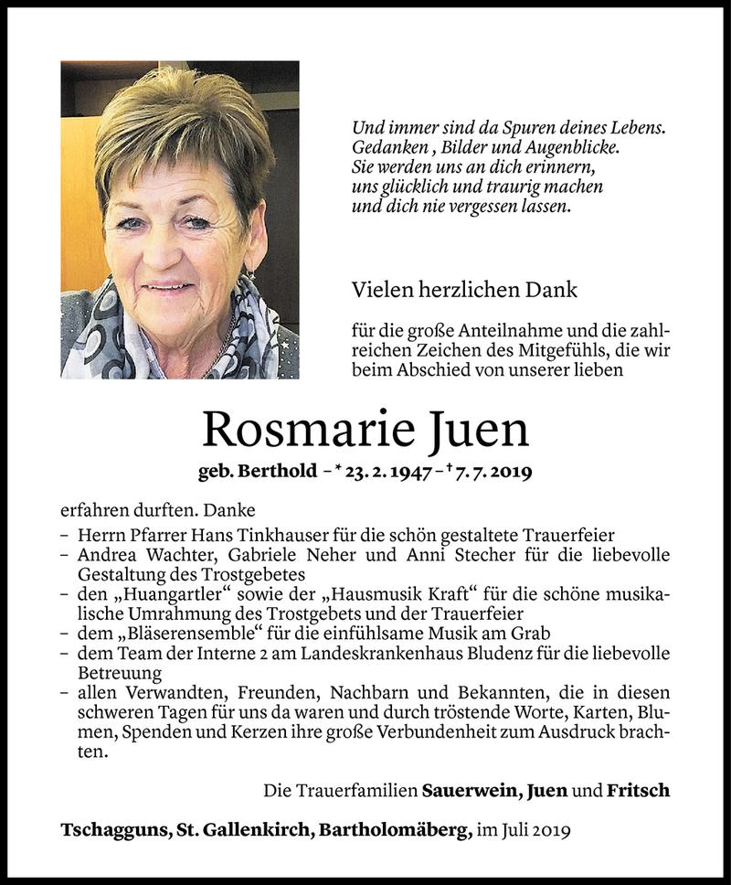  Todesanzeige für Rosmarie Juen vom 30.07.2019 aus Vorarlberger Nachrichten