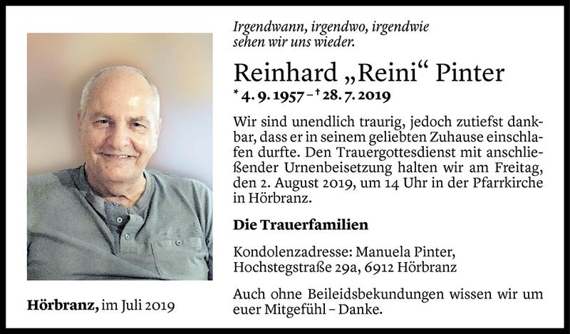  Todesanzeige für Reinhard Pinter vom 30.07.2019 aus Vorarlberger Nachrichten