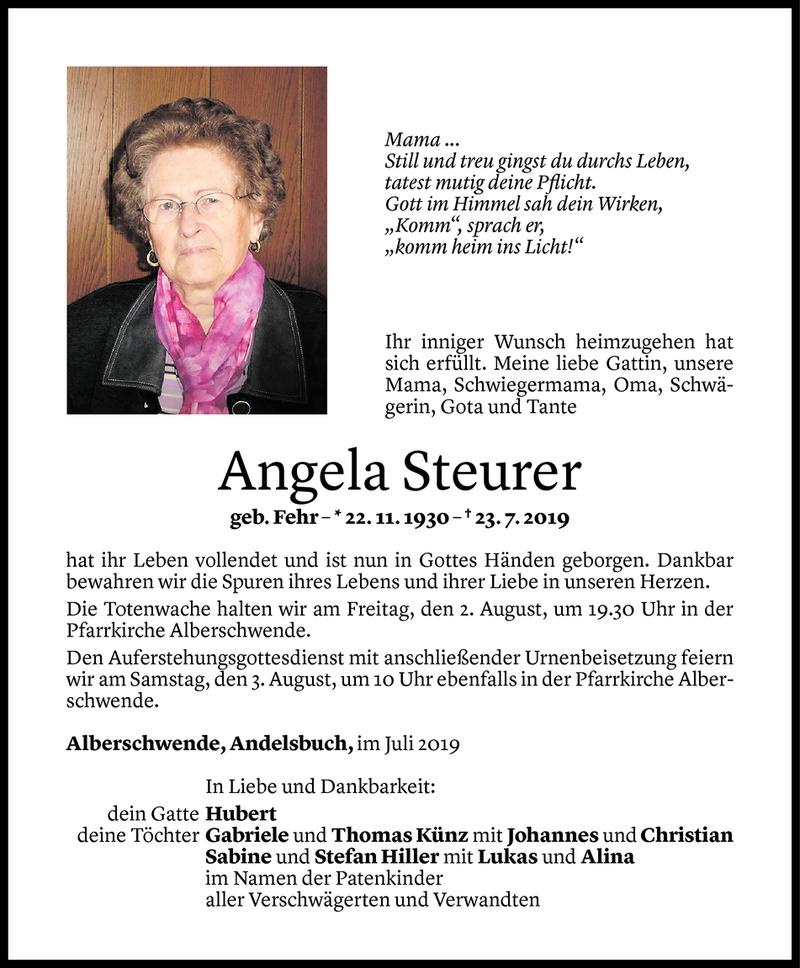  Todesanzeige für Angela Steurer vom 31.07.2019 aus Vorarlberger Nachrichten