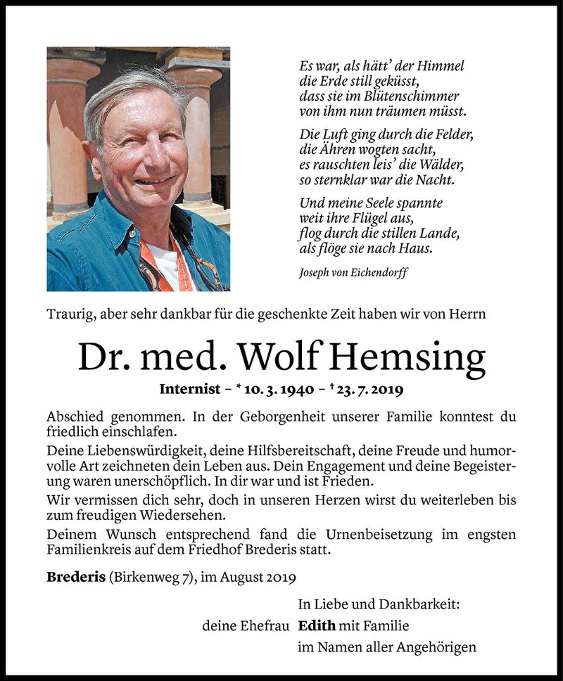  Todesanzeige für Dr. med. Wolf Hemsing vom 05.08.2019 aus Vorarlberger Nachrichten