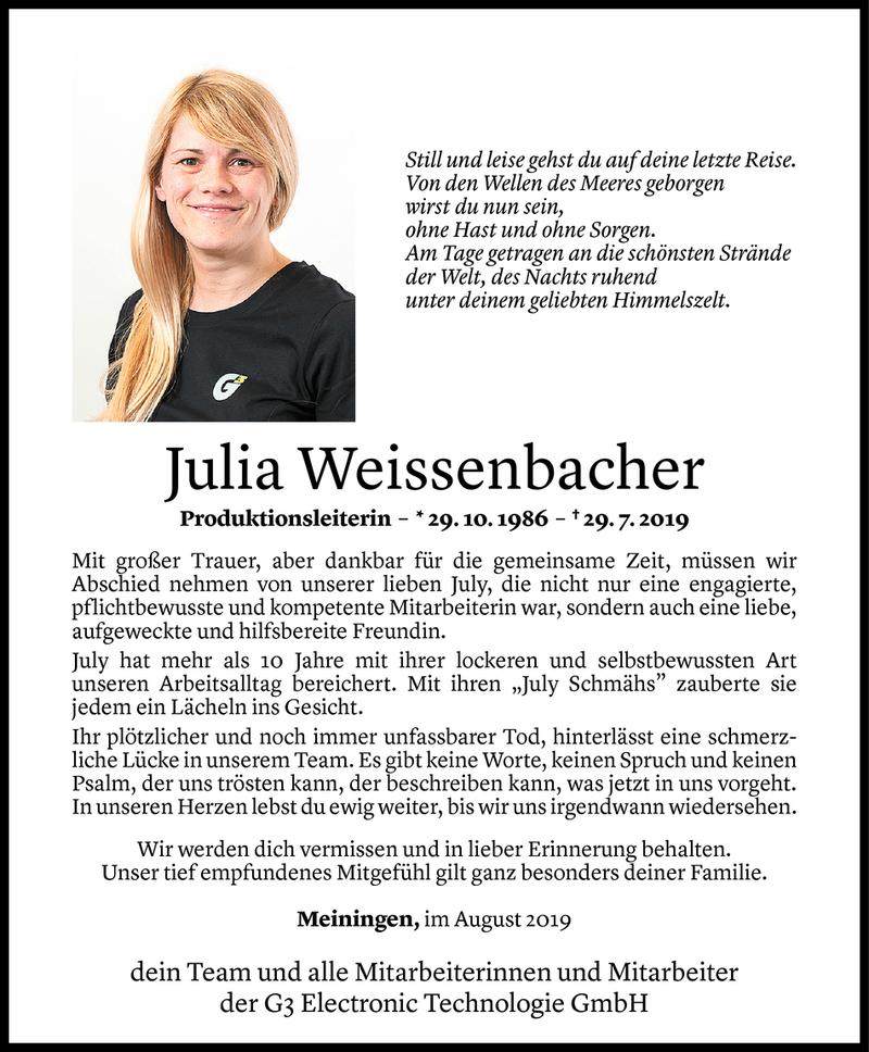  Todesanzeige für Julia Weissenbacher vom 03.08.2019 aus Vorarlberger Nachrichten