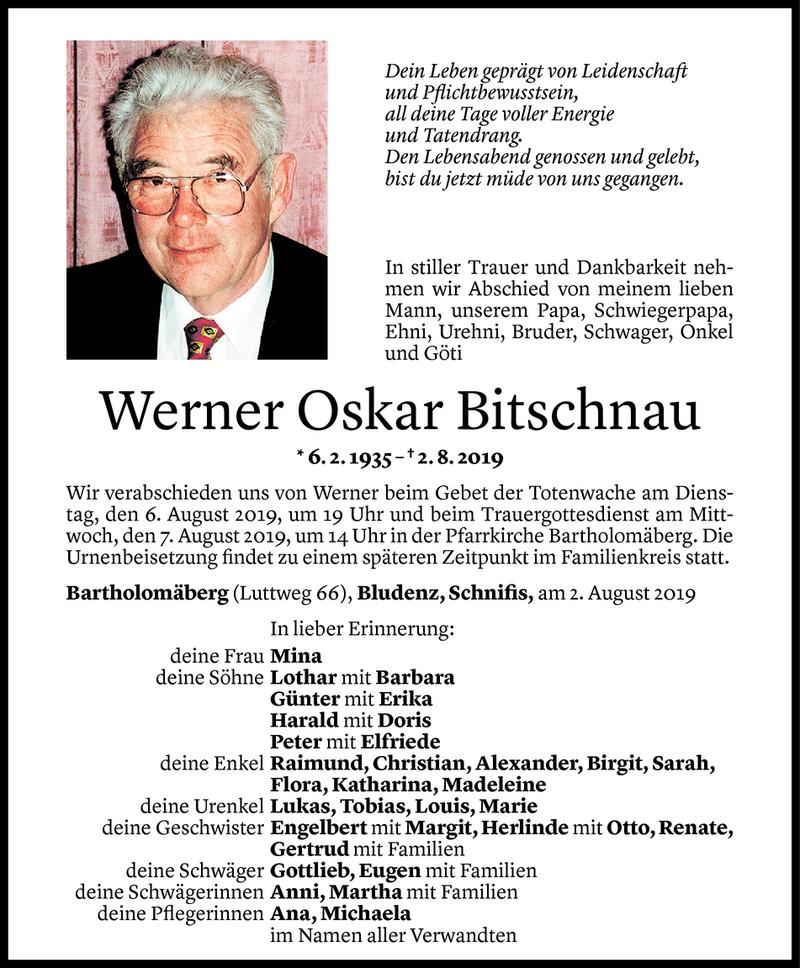  Todesanzeige für Werner Oskar Bitschnau vom 04.08.2019 aus Vorarlberger Nachrichten