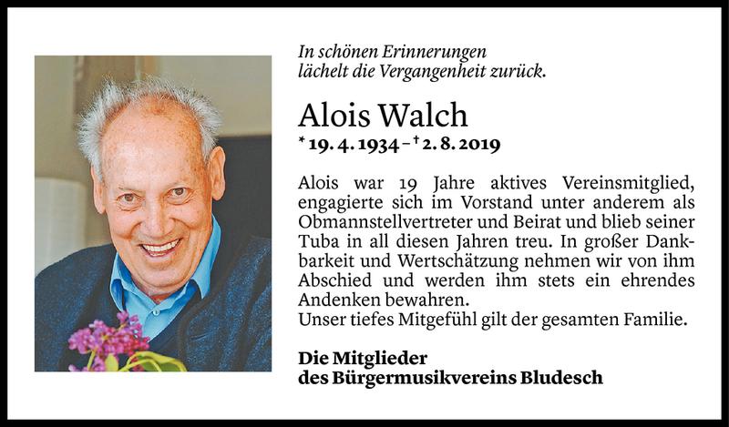  Todesanzeige für Alois Walch vom 06.08.2019 aus Vorarlberger Nachrichten