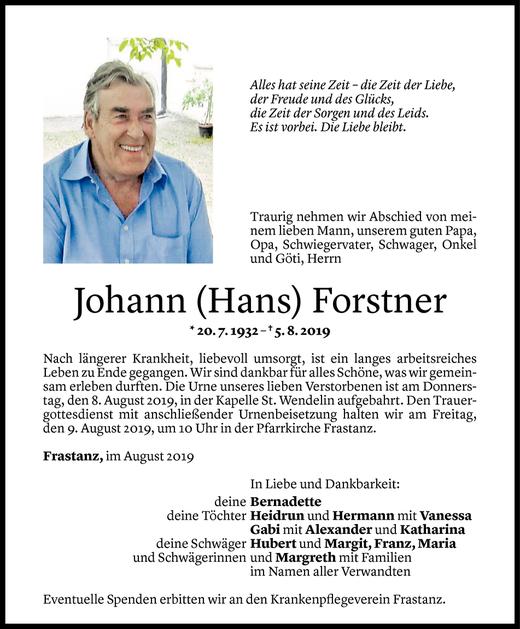 Todesanzeige von Johann Forstner von Vorarlberger Nachrichten
