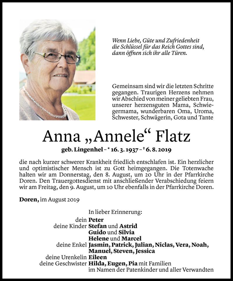  Todesanzeige für Anna Flatz vom 06.08.2019 aus Vorarlberger Nachrichten