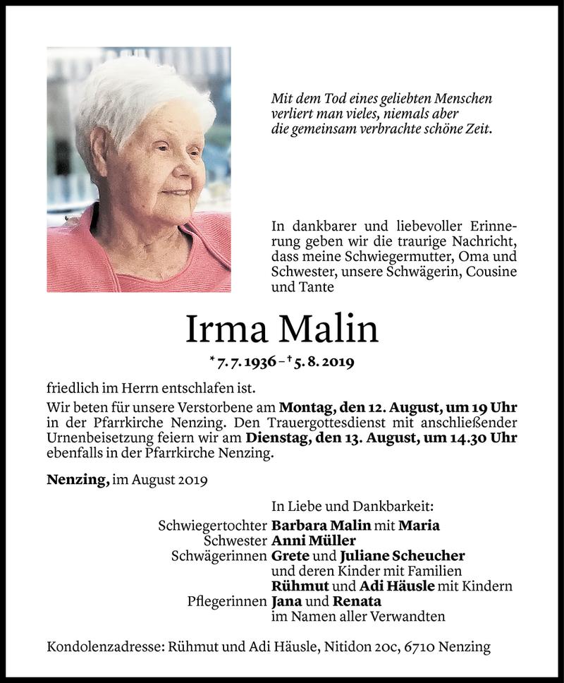  Todesanzeige für Irma Malin vom 10.08.2019 aus Vorarlberger Nachrichten