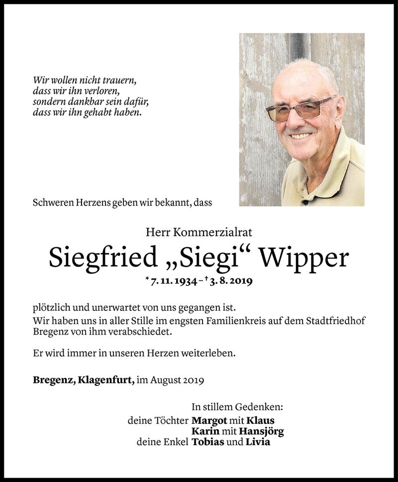 Todesanzeige für Siegfried Wipper vom 14.08.2019 aus Vorarlberger Nachrichten