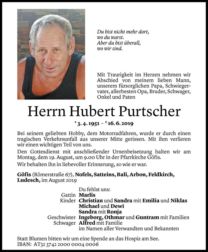  Todesanzeige für Hubert Purtscher vom 15.08.2019 aus Vorarlberger Nachrichten