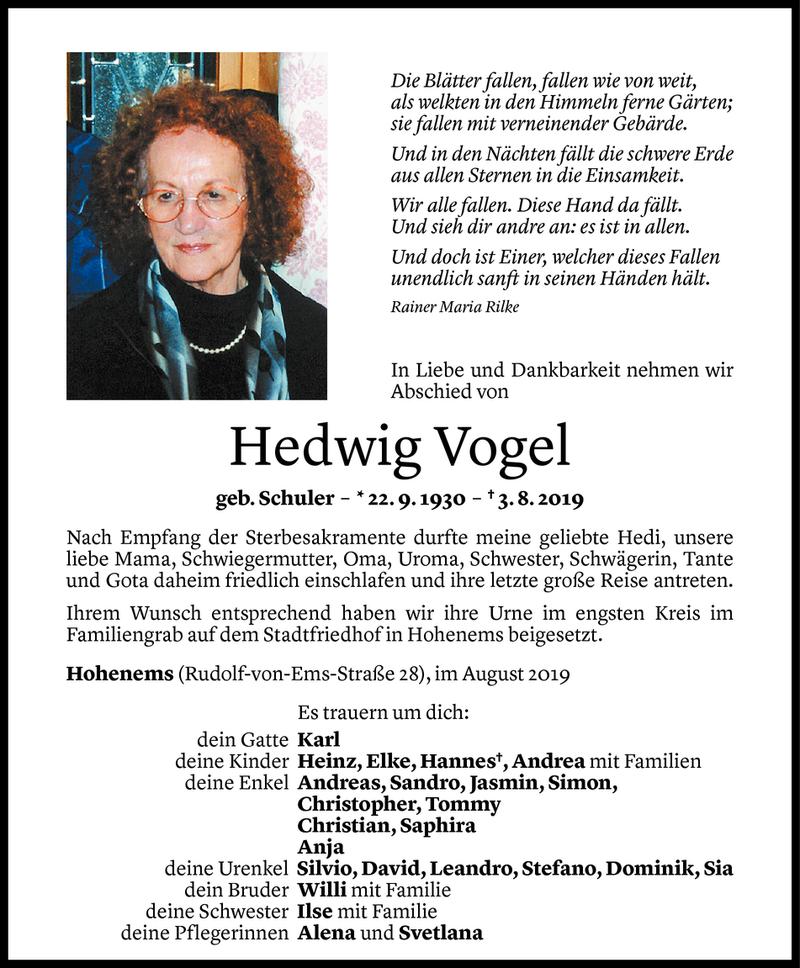 Todesanzeige für Hedwig Vogel vom 12.08.2019 aus Vorarlberger Nachrichten