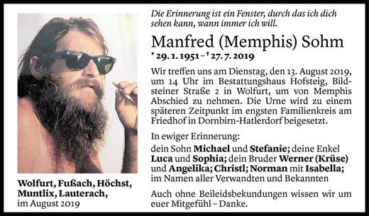 Todesanzeige von Manfred Sohm von Vorarlberger Nachrichten