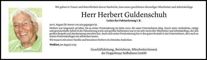  Todesanzeige für Herbert Guldenschuh vom 10.08.2019 aus Vorarlberger Nachrichten
