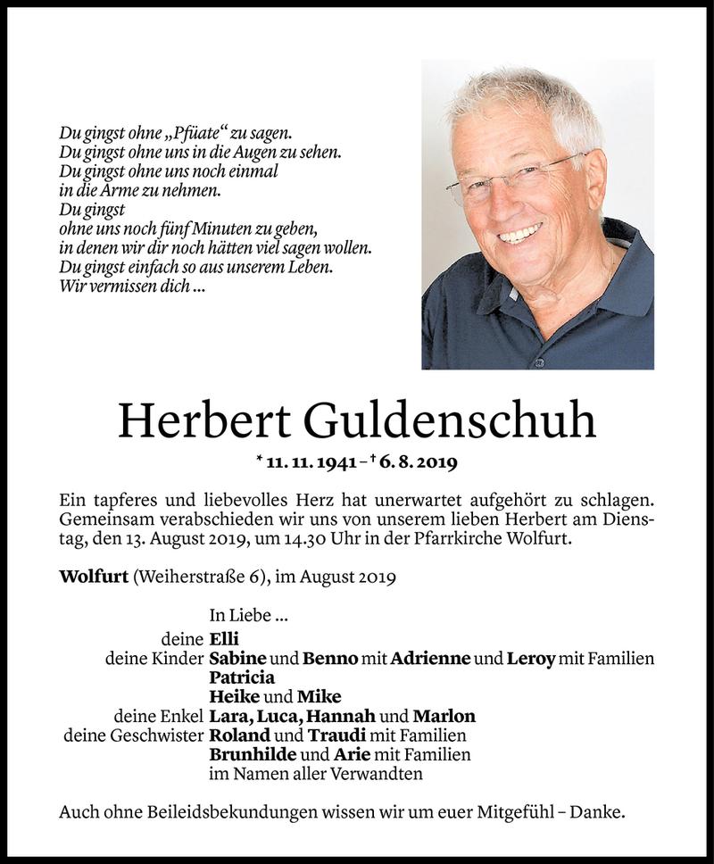  Todesanzeige für Herbert Guldenschuh vom 09.08.2019 aus Vorarlberger Nachrichten