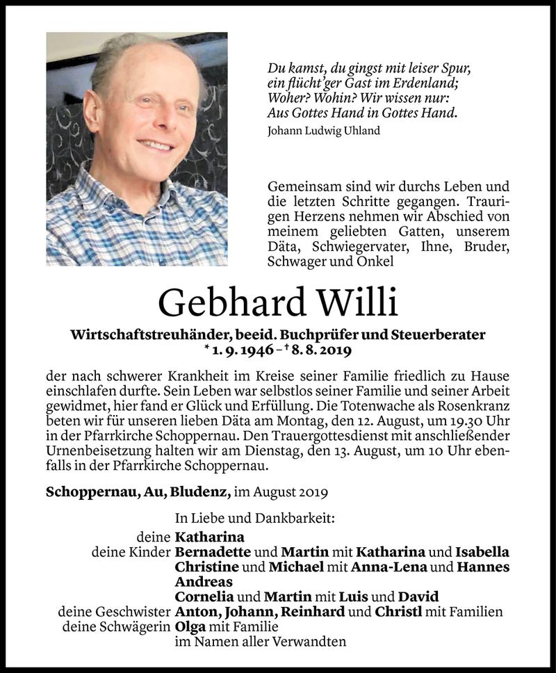  Todesanzeige für Gebhard Willi vom 09.08.2019 aus Vorarlberger Nachrichten