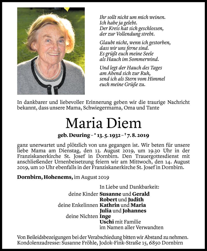  Todesanzeige für Maria Diem vom 11.08.2019 aus Vorarlberger Nachrichten