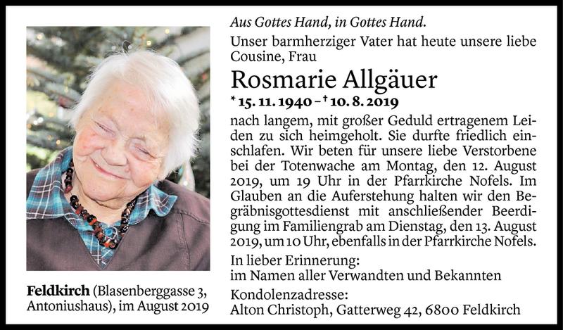  Todesanzeige für Rosmarie Allgäuer vom 11.08.2019 aus Vorarlberger Nachrichten