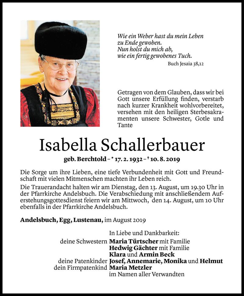  Todesanzeige für Isabella Schallerbauer vom 12.08.2019 aus Vorarlberger Nachrichten