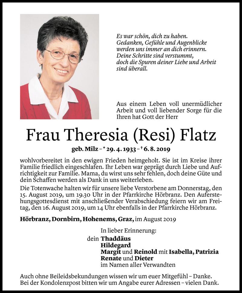  Todesanzeige für Theresia Flatz vom 12.08.2019 aus Vorarlberger Nachrichten