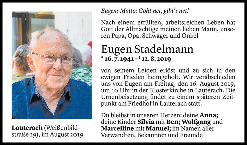  Todesanzeige für Eugen Stadelmann vom 13.08.2019 aus Vorarlberger Nachrichten