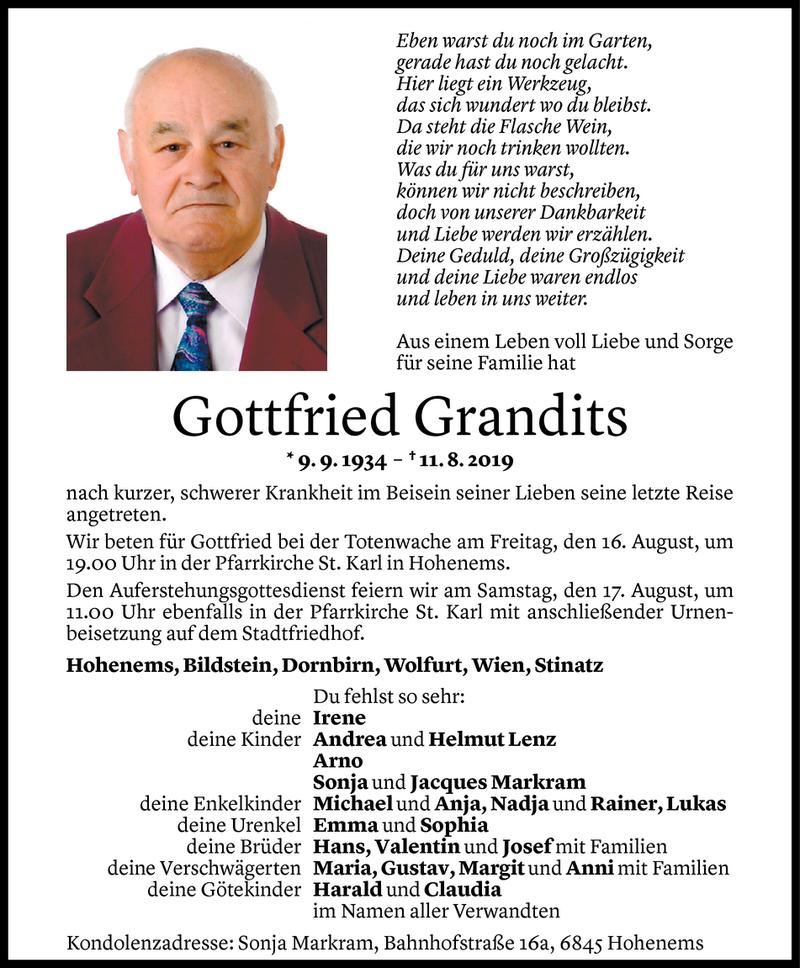  Todesanzeige für Gottfried Grandits vom 14.08.2019 aus Vorarlberger Nachrichten