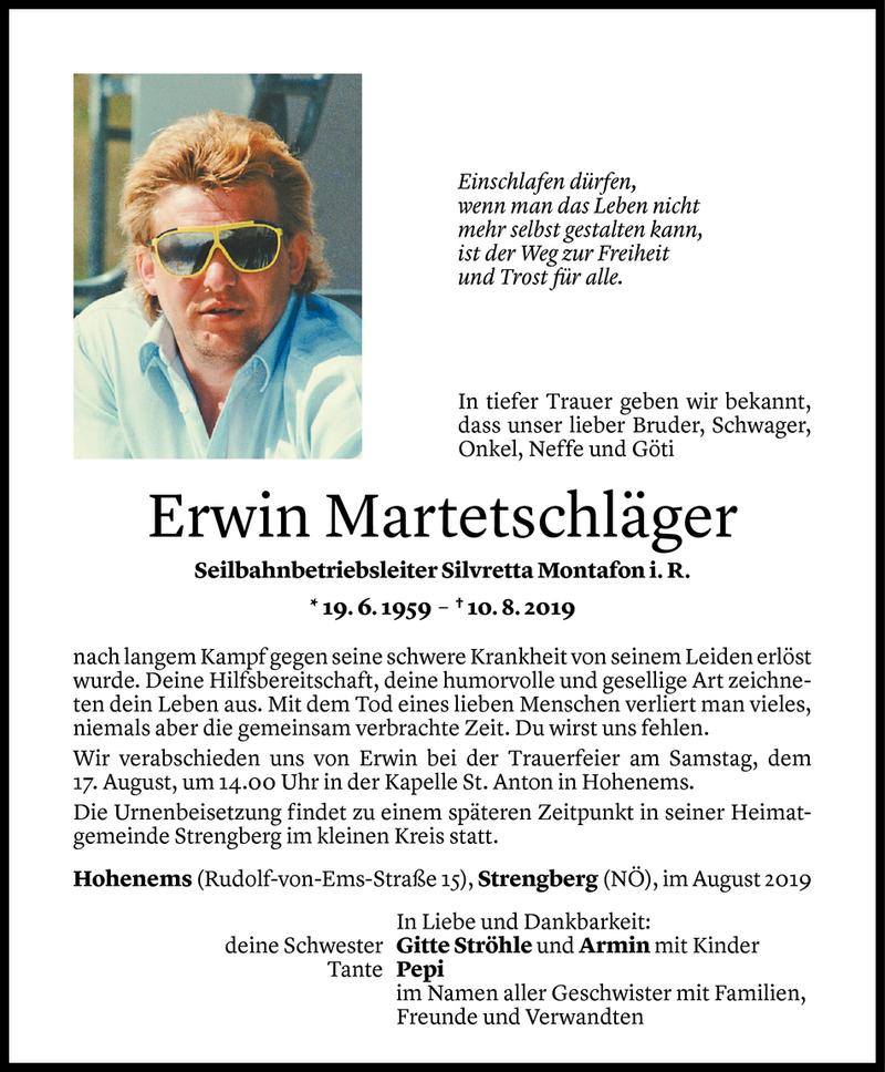  Todesanzeige für Erwin Martetschläger vom 14.08.2019 aus Vorarlberger Nachrichten