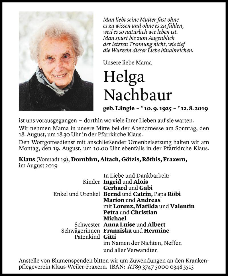  Todesanzeige für Helga Nachbaur vom 17.08.2019 aus Vorarlberger Nachrichten