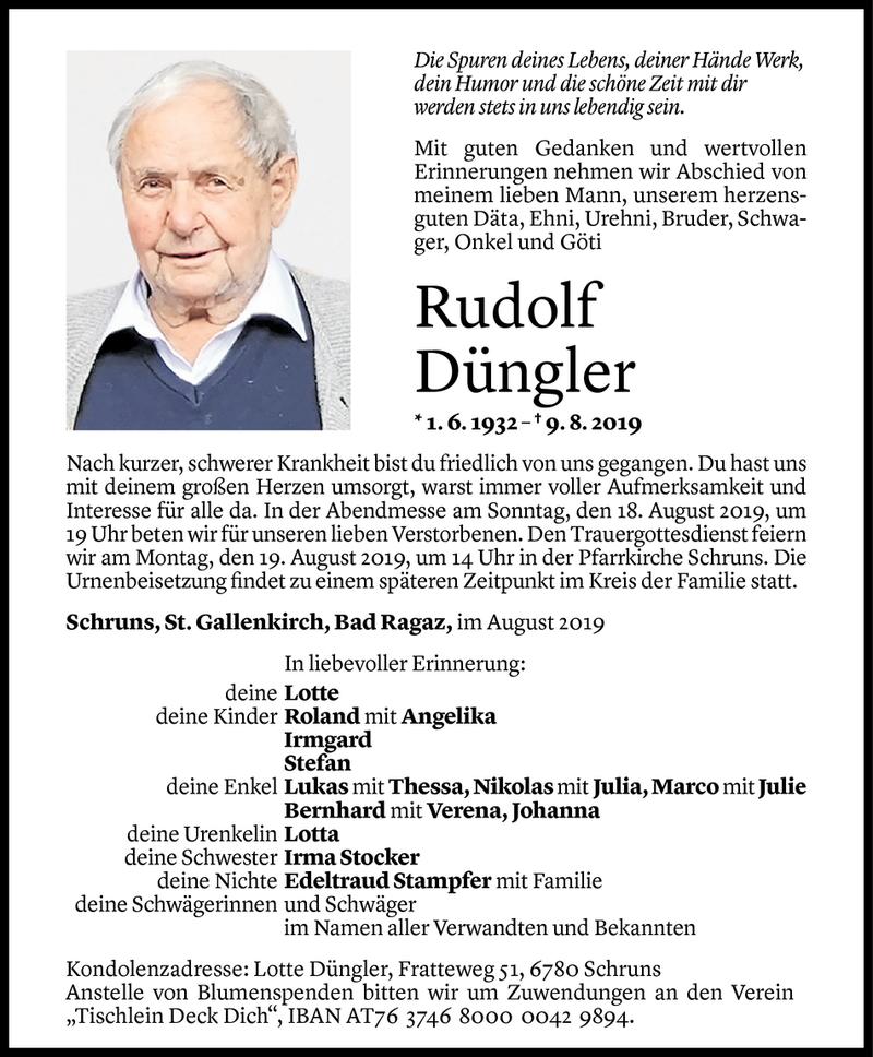  Todesanzeige für Rudolf Düngler vom 14.08.2019 aus Vorarlberger Nachrichten
